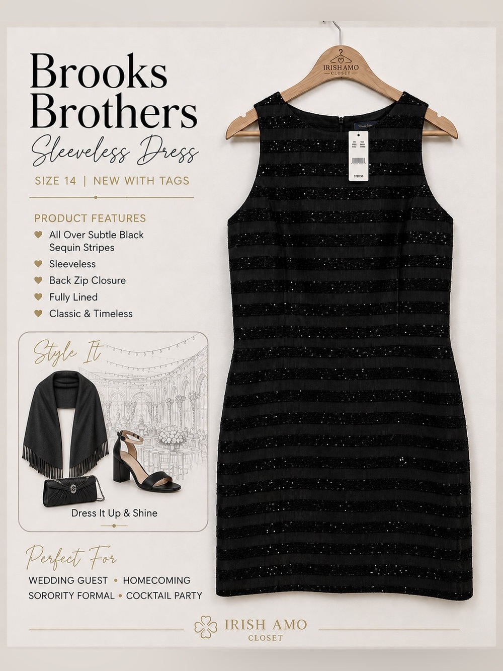NWT Brooks Brothers Black Sleeveless Sequin-Striped Cocktail Dress | Size 14